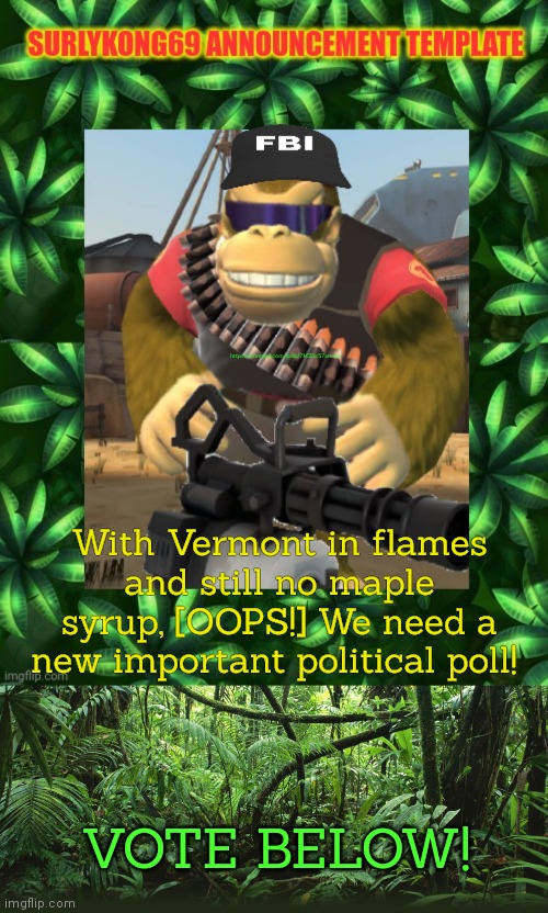 Vote early. Vote often! | https://strawpoll.com/polls/7MZ0z57amno; With Vermont in flames and still no maple syrup, [OOPS!] We need a new important political poll! VOTE BELOW! | image tagged in surlykong,jungle,but why why would you do that,monkee,polls | made w/ Imgflip meme maker