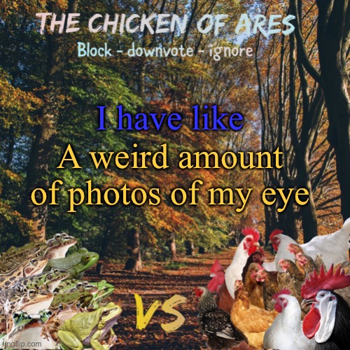 Chicken of Ares announces crap for everyone | I have like; A weird amount of photos of my eye | image tagged in chicken of ares announces crap for everyone | made w/ Imgflip meme maker