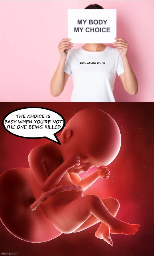 The Choice Is Easy | Ron Jensen on FB; THE CHOICE IS EASY WHEN YOU'RE NOT THE ONE BEING KILLED | image tagged in pro-life,pro-choice,abortion,abortion is murder,pregnant woman,angry baby | made w/ Imgflip meme maker