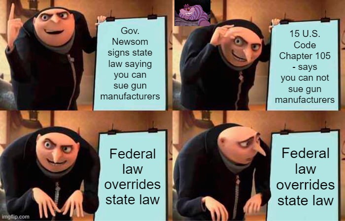 Newsom is pandering. He knows this will be struck down. | Gov. Newsom signs state law saying you can sue gun manufacturers; 15 U.S. Code Chapter 105 - says you can not sue gun manufacturers; Federal law overrides state law; Federal law overrides state law | image tagged in memes,gru's plan | made w/ Imgflip meme maker