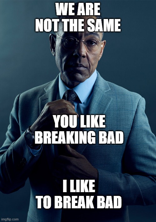 Gus Fring we are not the same | WE ARE NOT THE SAME; YOU LIKE BREAKING BAD; I LIKE TO BREAK BAD | image tagged in gus fring we are not the same | made w/ Imgflip meme maker