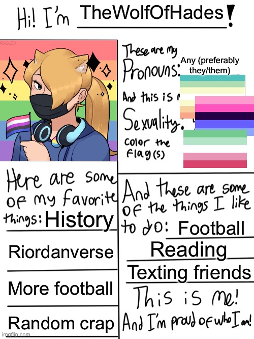 :) re did it | TheWolfOfHades; Any (preferably they/them); History; Football; Riordanverse; Reading; Texting friends; More football; Random crap | image tagged in lgbtq stream account profile | made w/ Imgflip meme maker