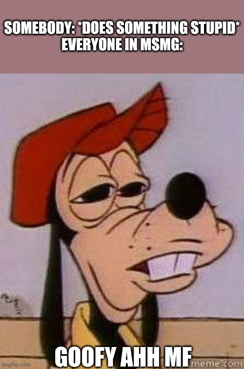 Stoned goofy | SOMEBODY: *DOES SOMETHING STUPID*
EVERYONE IN MSMG:; GOOFY AHH MF | image tagged in stoned goofy | made w/ Imgflip meme maker