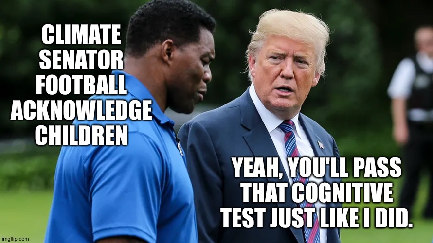 Herschel Gets Cognitive | CLIMATE
SENATOR
FOOTBALL
ACKNOWLEDGE
CHILDREN; YEAH, YOU'LL PASS THAT COGNITIVE TEST JUST LIKE I DID. | image tagged in herschel walker trump | made w/ Imgflip meme maker