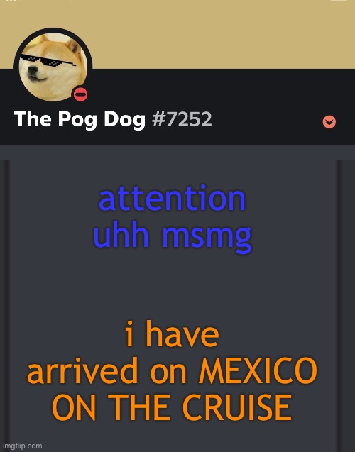 epic doggos epic discord temp | attention uhh msmg; i have arrived on MEXICO ON THE CRUISE | image tagged in epic doggos epic discord temp | made w/ Imgflip meme maker