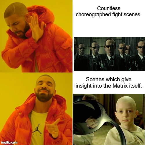 What makes "The Matrix" movies interesting? | image tagged in memes,drake hotline bling,matrix | made w/ Imgflip meme maker