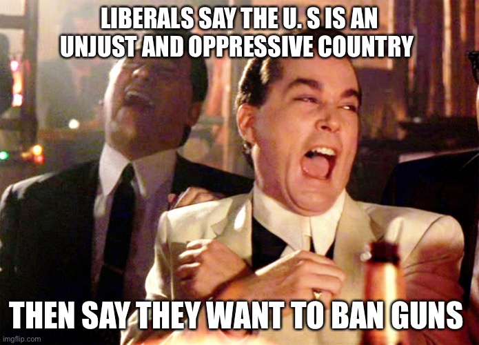 Good Fellas Hilarious | LIBERALS SAY THE U. S IS AN UNJUST AND OPPRESSIVE COUNTRY; THEN SAY THEY WANT TO BAN GUNS | image tagged in memes,good fellas hilarious | made w/ Imgflip meme maker