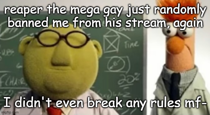 Breaking Street | reaper the mega gay just randomly banned me from his stream, again; I didn't even break any rules mf- | image tagged in breaking street | made w/ Imgflip meme maker
