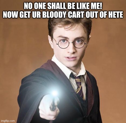 harry potter casting a spell | NO ONE SHALL BE LIKE ME! NOW GET UR BLOODY CART OUT OF HERE | image tagged in harry potter casting a spell | made w/ Imgflip meme maker
