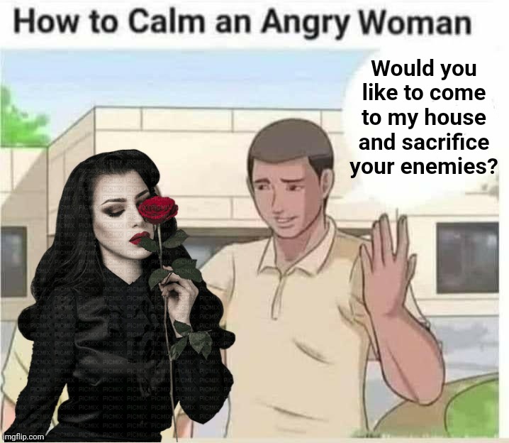 How to calm an angry woman |  Would you like to come to my house and sacrifice your enemies? | image tagged in memes,stupid memes | made w/ Imgflip meme maker