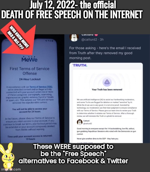 Free Speech is Dead on the Internet | July 12, 2022- the official
DEATH OF FREE SPEECH ON THE INTERNET; WHO KNEW MEWE 
HAD A JAIL ??? These WERE supposed to be the "Free Speech" alternatives to Facebook & Twitter | image tagged in blank no watermark | made w/ Imgflip meme maker