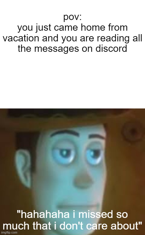 you came home | pov:


you just came home from
vacation and you are reading all
the messages on discord; "hahahaha i missed so much that i don't care about" | image tagged in blank white template,disappointed woody | made w/ Imgflip meme maker