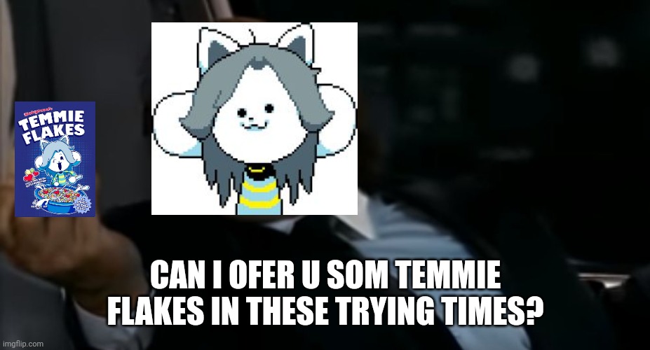 Can I Offer you an egg in these trying times | CAN I OFER U SOM TEMMIE FLAKES IN THESE TRYING TIMES? | image tagged in can i offer you an egg in these trying times | made w/ Imgflip meme maker