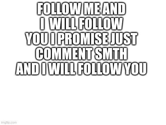 follow me and I will follow you | FOLLOW ME AND I  WILL FOLLOW YOU I PROMISE JUST COMMENT SMTH AND I WILL FOLLOW YOU | image tagged in blank white template,followers,follow me | made w/ Imgflip meme maker