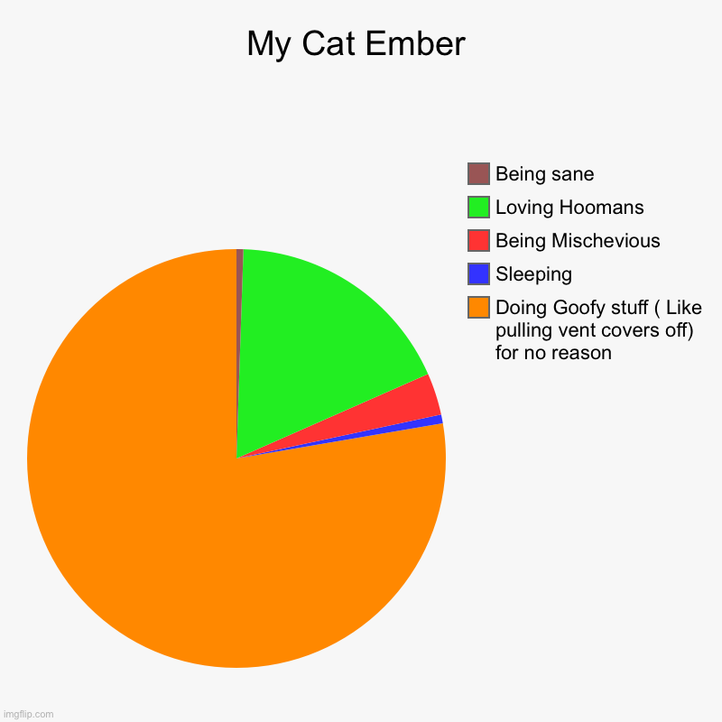 My Cat Ember | Doing Goofy stuff ( Like pulling vent covers off) for no reason, Sleeping, Being Mischevious, Loving Hoomans, Being sane | image tagged in charts,pie charts | made w/ Imgflip chart maker
