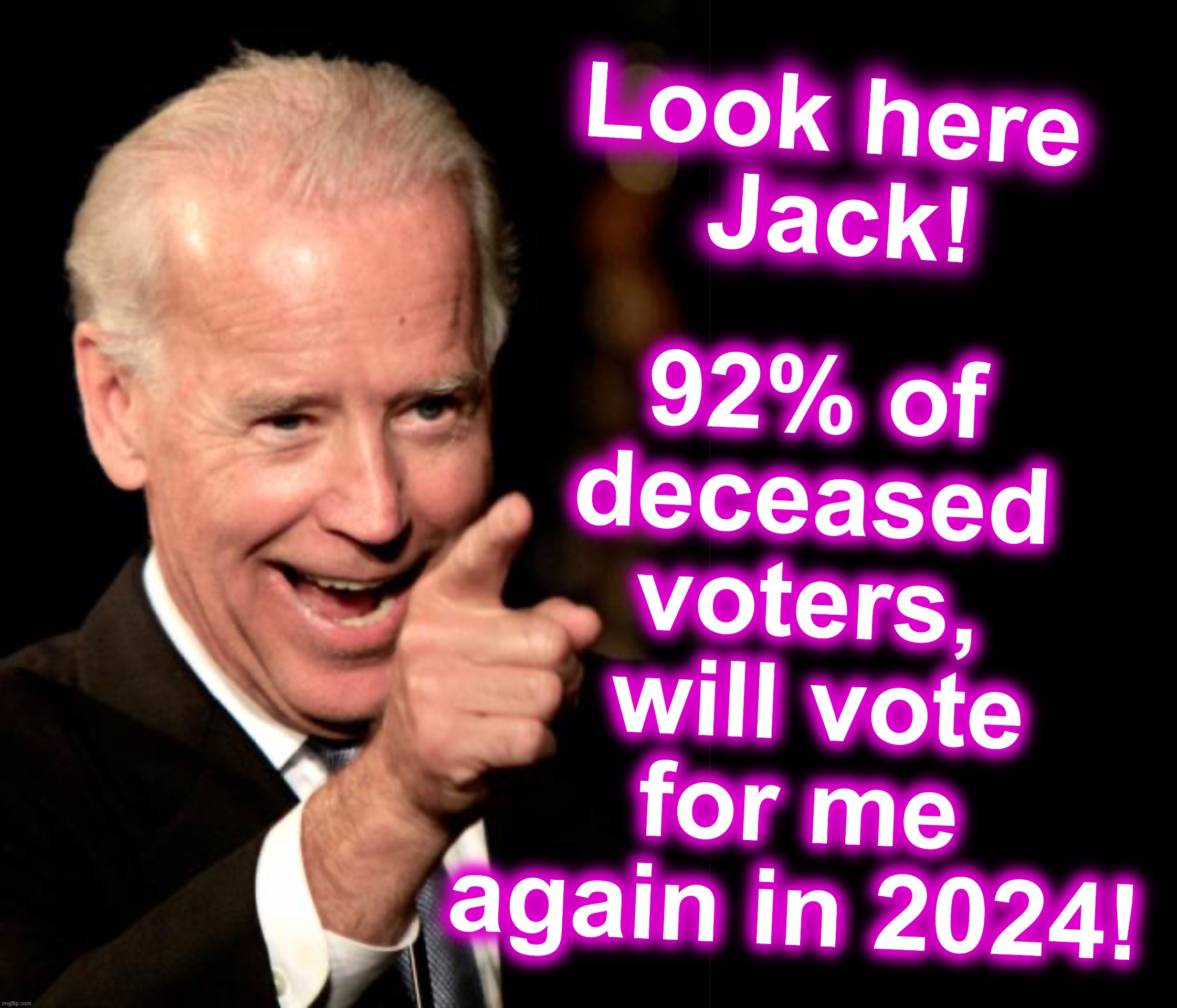 It's nice to have such a reliable base, but he's gotta work on those 8% hold-outs.  [warning: meme contains satire] | 92% of deceased voters,
 will vote for me again in 2024! Look here
 Jack! | image tagged in smilin biden,memes | made w/ Imgflip meme maker