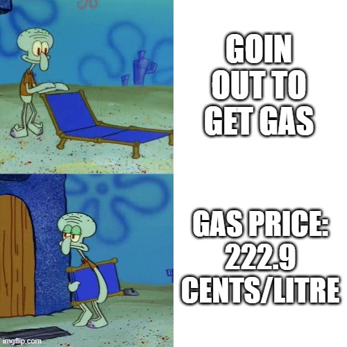 gas prices these days | GOIN OUT TO GET GAS; GAS PRICE: 222.9 CENTS/LITRE | image tagged in squidward chair | made w/ Imgflip meme maker