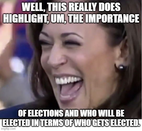 Veep Thoughts | WELL, THIS REALLY DOES HIGHLIGHT, UM, THE IMPORTANCE; OF ELECTIONS AND WHO WILL BE ELECTED IN TERMS OF WHO GETS ELECTED. | image tagged in kamala harris | made w/ Imgflip meme maker