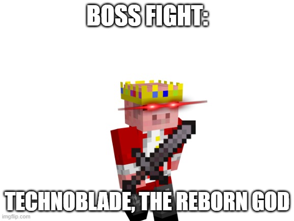 Be sure to bring plenty of items before the fight | BOSS FIGHT:; TECHNOBLADE, THE REBORN GOD | image tagged in blank white template | made w/ Imgflip meme maker