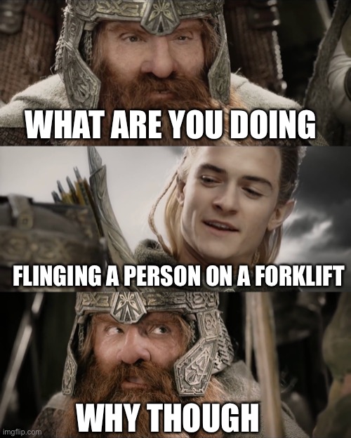 Aye, I Could Do That Blank | WHAT ARE YOU DOING FLINGING A PERSON ON A FORKLIFT WHY THOUGH | image tagged in aye i could do that blank | made w/ Imgflip meme maker