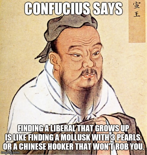 Confucius Says | CONFUCIUS SAYS FINDING A LIBERAL THAT GROWS UP IS LIKE FINDING A MOLLUSK WITH 3 PEARLS. OR A CHINESE HOOKER THAT WON'T ROB YOU. | image tagged in confucius says | made w/ Imgflip meme maker