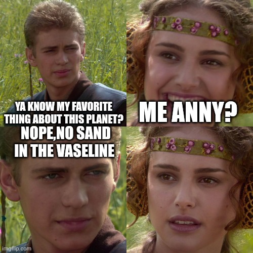 Anakin Padme 4 Panel | YA KNOW MY FAVORITE THING ABOUT THIS PLANET? ME ANNY? NOPE,NO SAND IN THE VASELINE | image tagged in anakin padme 4 panel | made w/ Imgflip meme maker