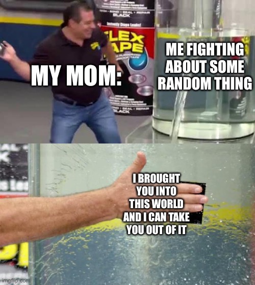 Flex Tape | ME FIGHTING ABOUT SOME RANDOM THING; MY MOM:; I BROUGHT YOU INTO THIS WORLD AND I CAN TAKE YOU OUT OF IT | image tagged in flex tape | made w/ Imgflip meme maker