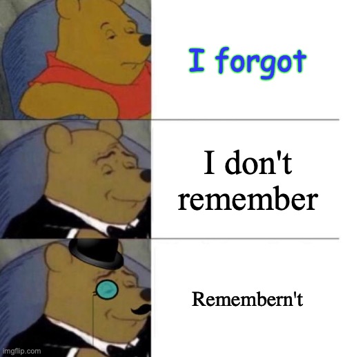 Tuxedo Winnie The Pooh (3 Panel) | I forgot I don't remember Remembern't | image tagged in tuxedo winnie the pooh 3 panel | made w/ Imgflip meme maker