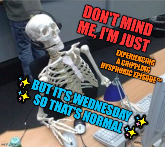mmmmm what fun....... | DON'T MIND ME, I'M JUST; EXPERIENCING A CRIPPLING DYSPHORIC EPISODE™; ✨BUT IT'S WEDNESDAY ✨
✨ SO THAT'S NORMAL✨ | image tagged in don't mind me i'm just waiting for _ | made w/ Imgflip meme maker