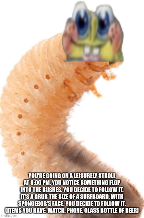 a sort of "We have come for your nectar!" rp i guess | YOU'RE GOING ON A LEISURELY STROLL AT 8:00 PM. YOU NOTICE SOMETHING FLOP INTO THE BUSHES. YOU DECIDE TO FOLLOW IT. IT'S A GRUB THE SIZE OF A SURFBOARD, WITH SPONGEBOB'S FACE. YOU DECIDE TO FOLLOW IT.
(ITEMS YOU HAVE: WATCH, PHONE, GLASS BOTTLE OF BEER) | made w/ Imgflip meme maker