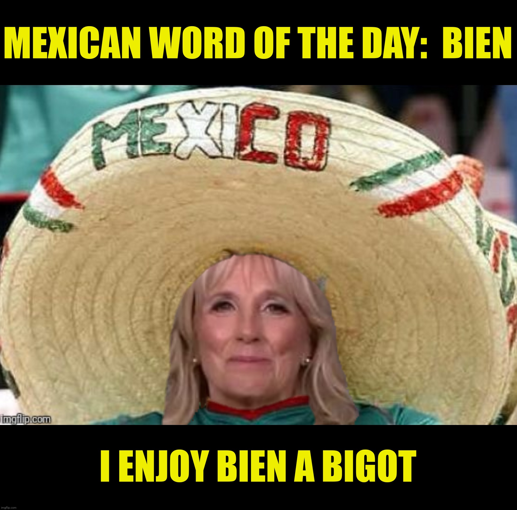 Jill Bidenx | MEXICAN WORD OF THE DAY:  BIEN I ENJOY BIEN A BIGOT | image tagged in bad photoshop,jill biden,mexican word of the day,bien,bigot | made w/ Imgflip meme maker