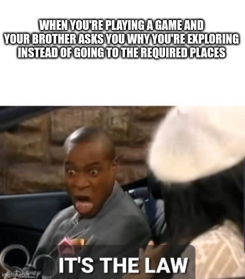 i do it out of my hate for cutscenes | WHEN YOU'RE PLAYING A GAME AND YOUR BROTHER ASKS YOU WHY YOU'RE EXPLORING INSTEAD OF GOING TO THE REQUIRED PLACES | image tagged in it's the law,never gonna give you up,never gonna let you down,never gonna run around,and desert you | made w/ Imgflip meme maker