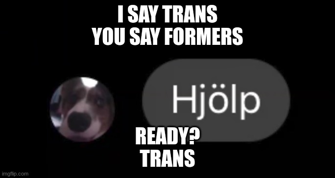 Hjölp | I SAY TRANS
YOU SAY FORMERS; READY?
TRANS | image tagged in hj lp | made w/ Imgflip meme maker