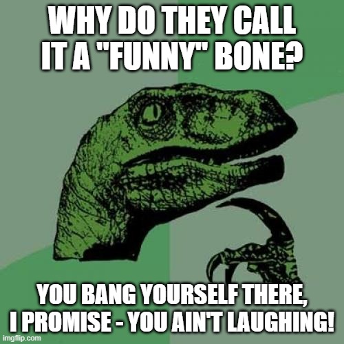That's Not Funny | WHY DO THEY CALL IT A "FUNNY" BONE? YOU BANG YOURSELF THERE, I PROMISE - YOU AIN'T LAUGHING! | image tagged in memes,philosoraptor,funny memes,humor,deep thought | made w/ Imgflip meme maker