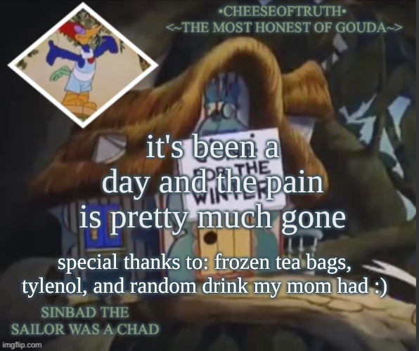 cheeseoftruth's other template | it's been a day and the pain is pretty much gone; special thanks to: frozen tea bags, tylenol, and random drink my mom had :) | image tagged in cheeseoftruth's other template | made w/ Imgflip meme maker