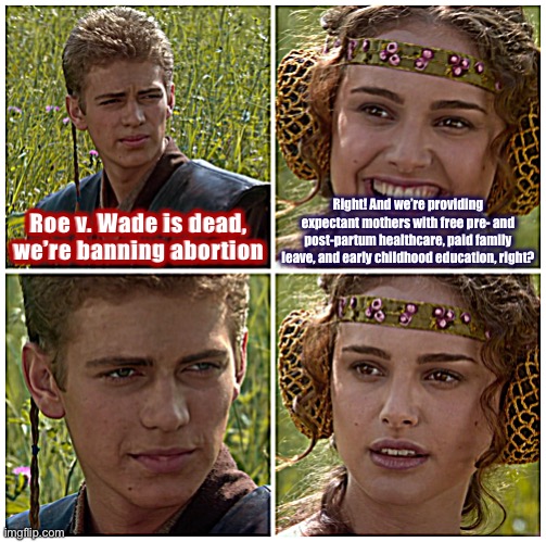 Things that make pro-life Padme go uh-oh | Right! And we’re providing expectant mothers with free pre- and post-partum healthcare, paid family leave, and early childhood education, right? Roe v. Wade is dead, we’re banning abortion | image tagged in i m going to change the world for the better right star wars | made w/ Imgflip meme maker