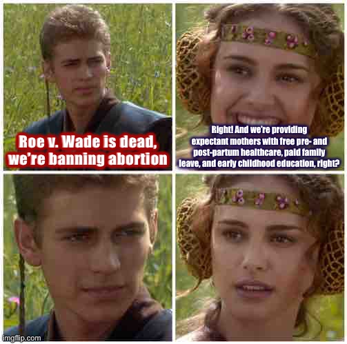 These are obvious things, I’m sure Mississippi’s state legislature is hard at work and will unveil a comprehensive plan any day | Right! And we’re providing expectant mothers with free pre- and post-partum healthcare, paid family leave, and early childhood education, right? Roe v. Wade is dead, we’re banning abortion | image tagged in i m going to change the world for the better right star wars | made w/ Imgflip meme maker