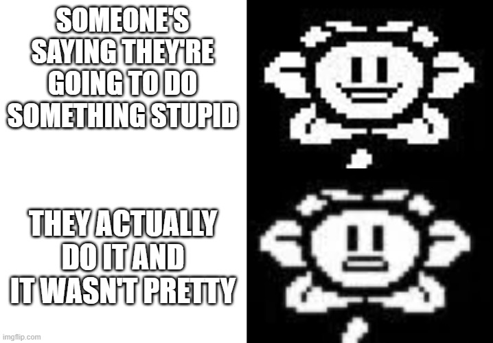 flowey smile | SOMEONE'S SAYING THEY'RE GOING TO DO SOMETHING STUPID; THEY ACTUALLY DO IT AND IT WASN'T PRETTY | image tagged in flowey smile | made w/ Imgflip meme maker