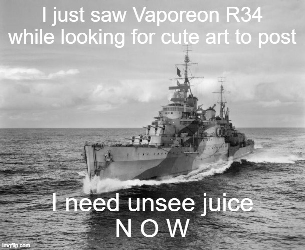 AAAAAAAAAAAAAAAAAAAAA | I just saw Vaporeon R34 while looking for cute art to post; I need unsee juice
N O W | image tagged in hms belfast | made w/ Imgflip meme maker