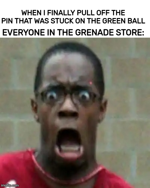 scared | WHEN I FINALLY PULL OFF THE PIN THAT WAS STUCK ON THE GREEN BALL; EVERYONE IN THE GRENADE STORE: | image tagged in scared | made w/ Imgflip meme maker