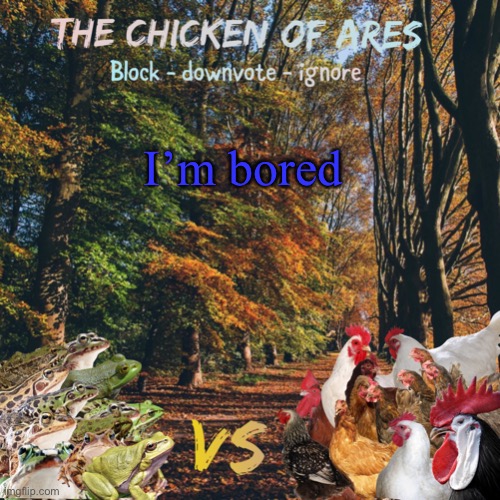 Don’t any of you dare do “hi bored I’m” | I’m bored | image tagged in chicken of ares announces crap for everyone | made w/ Imgflip meme maker