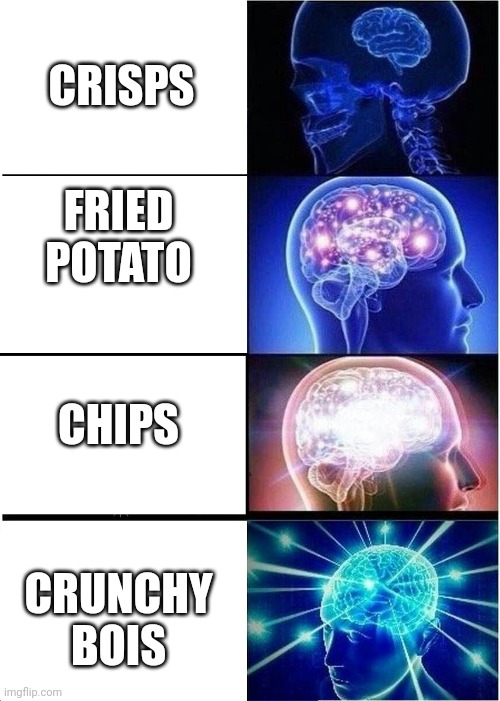 Btw, I'm not talking about fries | CRISPS; FRIED POTATO; CHIPS; CRUNCHY BOIS | image tagged in memes,expanding brain | made w/ Imgflip meme maker