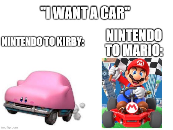 Nintendo has Priorities | "I WANT A CAR"; NINTENDO TO KIRBY:; NINTENDO TO MARIO: | image tagged in blank white template | made w/ Imgflip meme maker