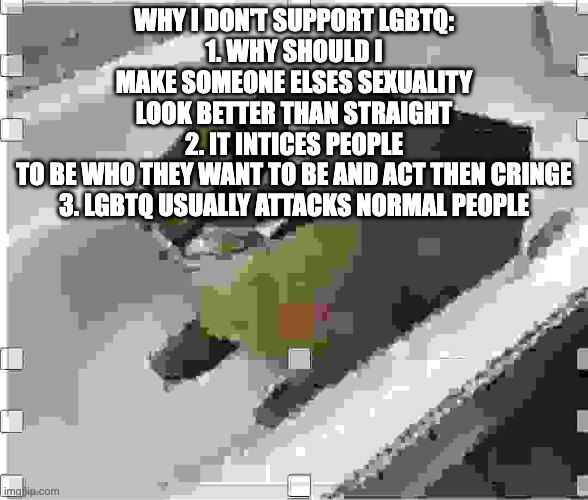 im fine if youre gay but why should i support someone elses sexuality | WHY I DON'T SUPPORT LGBTQ:
1. WHY SHOULD I MAKE SOMEONE ELSES SEXUALITY LOOK BETTER THAN STRAIGHT
2. IT INTICES PEOPLE TO BE WHO THEY WANT TO BE AND ACT THEN CRINGE
3. LGBTQ USUALLY ATTACKS NORMAL PEOPLE | image tagged in very low quality floppa | made w/ Imgflip meme maker