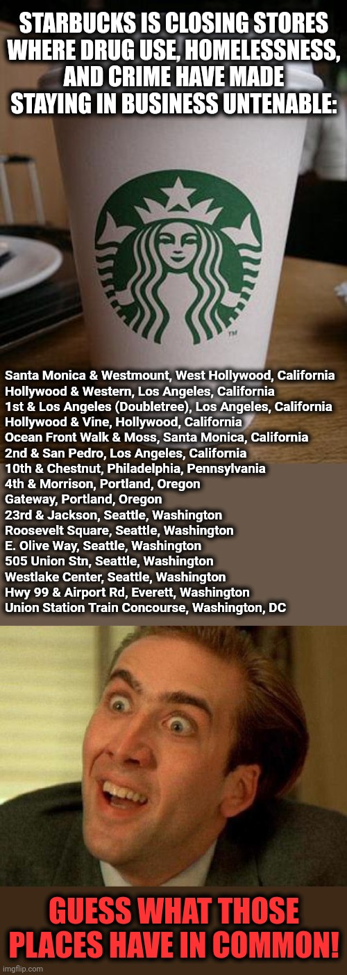 Go woke, go broke | STARBUCKS IS CLOSING STORES
WHERE DRUG USE, HOMELESSNESS,
AND CRIME HAVE MADE STAYING IN BUSINESS UNTENABLE:; Santa Monica & Westmount, West Hollywood, California
Hollywood & Western, Los Angeles, California
1st & Los Angeles (Doubletree), Los Angeles, California
Hollywood & Vine, Hollywood, California
Ocean Front Walk & Moss, Santa Monica, California
2nd & San Pedro, Los Angeles, California
10th & Chestnut, Philadelphia, Pennsylvania
4th & Morrison, Portland, Oregon
Gateway, Portland, Oregon
23rd & Jackson, Seattle, Washington
Roosevelt Square, Seattle, Washington
E. Olive Way, Seattle, Washington
505 Union Stn, Seattle, Washington
Westlake Center, Seattle, Washington
Hwy 99 & Airport Rd, Everett, Washington
Union Station Train Concourse, Washington, DC; GUESS WHAT THOSE PLACES HAVE IN COMMON! | image tagged in starbucks,nicolas cage,democrats,crime,go woke go broke,drugs | made w/ Imgflip meme maker