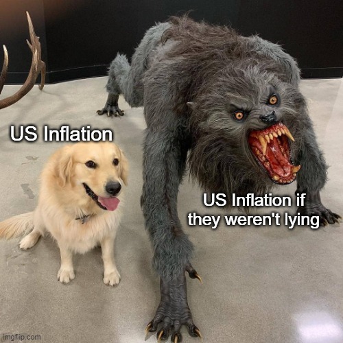 Your wallet is a Prime Economic Indicator | US Inflation; US Inflation if they weren't lying | image tagged in dog and beast | made w/ Imgflip meme maker