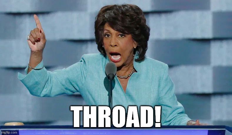 Maxine Waters mouth open pointing | THROAD! | image tagged in maxine waters mouth open pointing | made w/ Imgflip meme maker