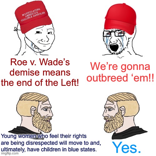 Two demographic predictions | We’re gonna outbreed ‘em!! Roe v. Wade’s demise means the end of the Left! Young women who feel their rights are being disrespected will move to and, ultimately, have children in blue states. Yes. | image tagged in maga wojaks vs yes chad,conservative logic,pro-life,pro-choice,roe v wade,abortion | made w/ Imgflip meme maker