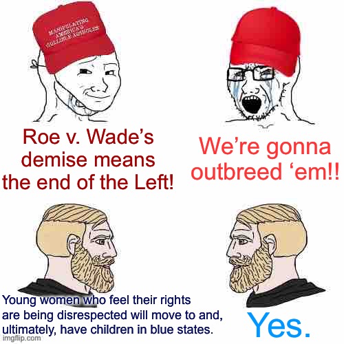 Two demographic predictions | We’re gonna outbreed ‘em!! Roe v. Wade’s demise means the end of the Left! Young women who feel their rights are being disrespected will move to and, ultimately, have children in blue states. Yes. | image tagged in maga wojaks vs yes chad | made w/ Imgflip meme maker