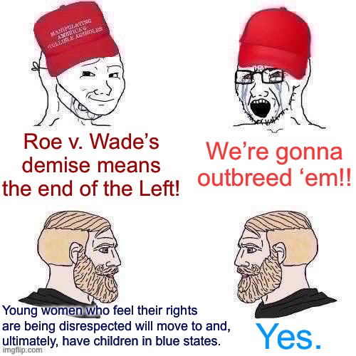 Two demographic predictions | We’re gonna outbreed ‘em!! Roe v. Wade’s demise means the end of the Left! Young women who feel their rights are being disrespected will move to and, ultimately, have children in blue states. Yes. | image tagged in maga wojaks vs yes chad | made w/ Imgflip meme maker